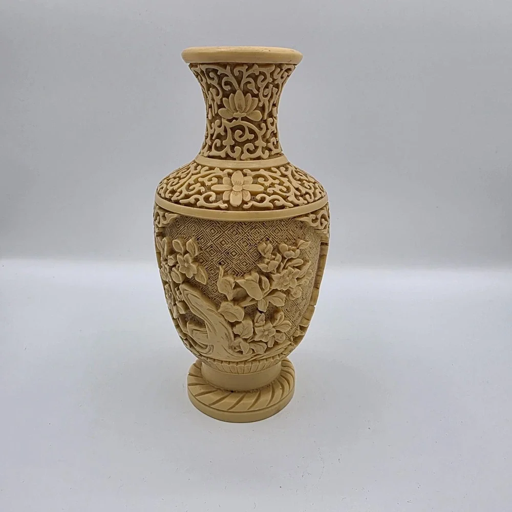 Vintage Carved Resin Floral Vase Asian Beige Signed 7.5